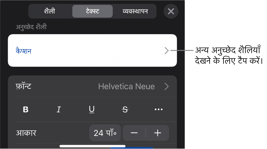 “फ़ॉर्मैट करें” मेनू में अनुच्छेद और वर्ण शैलियाँ, फ़ॉन्ट, आकार और रंग सेट करने के लिए टेक्स्ट नियंत्रण दिखाए जा रहे हैं।