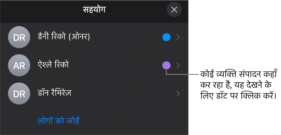 तीन भागीदारों और प्रत्येक नाम के दाईं ओर अलग रंग के बिंदु के साथ भागीदार सूची|