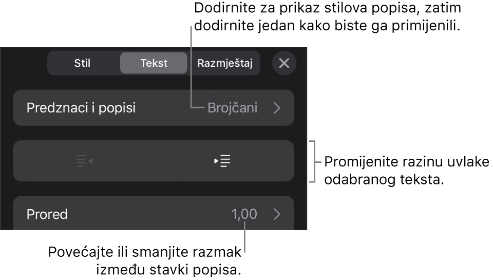 Odjeljak Predznaci i popisi kontrola formatiranja s oblačićima na Predznake i popise, tipke za izvlake i uvlake i kontrole razmaka između redaka.