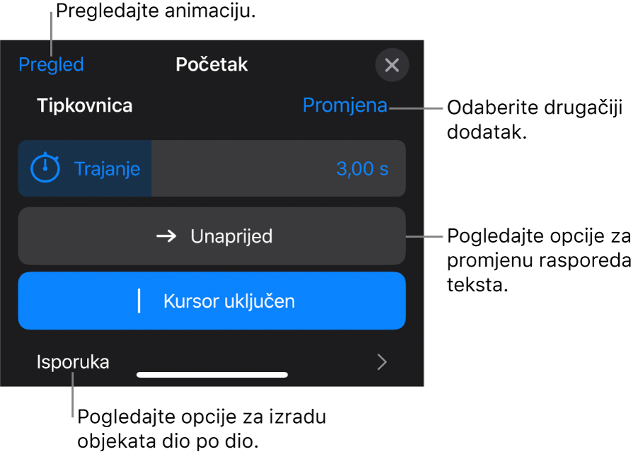 Opcije izdanja uključuju Trajanje, Animaciju teksta i Isporuku. Dodirnite Promijeni za odabir drugog izdanja, ili dodirnite Pretpregled za pregled izdanja.