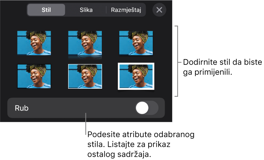 Prozor Stil tipke Formatiraj sa stilovima objekta na vrhu i kontrola ispod njih za promjenu ruba.