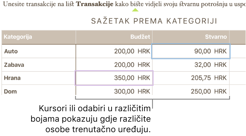 Kursori ili odabiri u različitim bojama prikazuju gdje različite osobe uređuju.