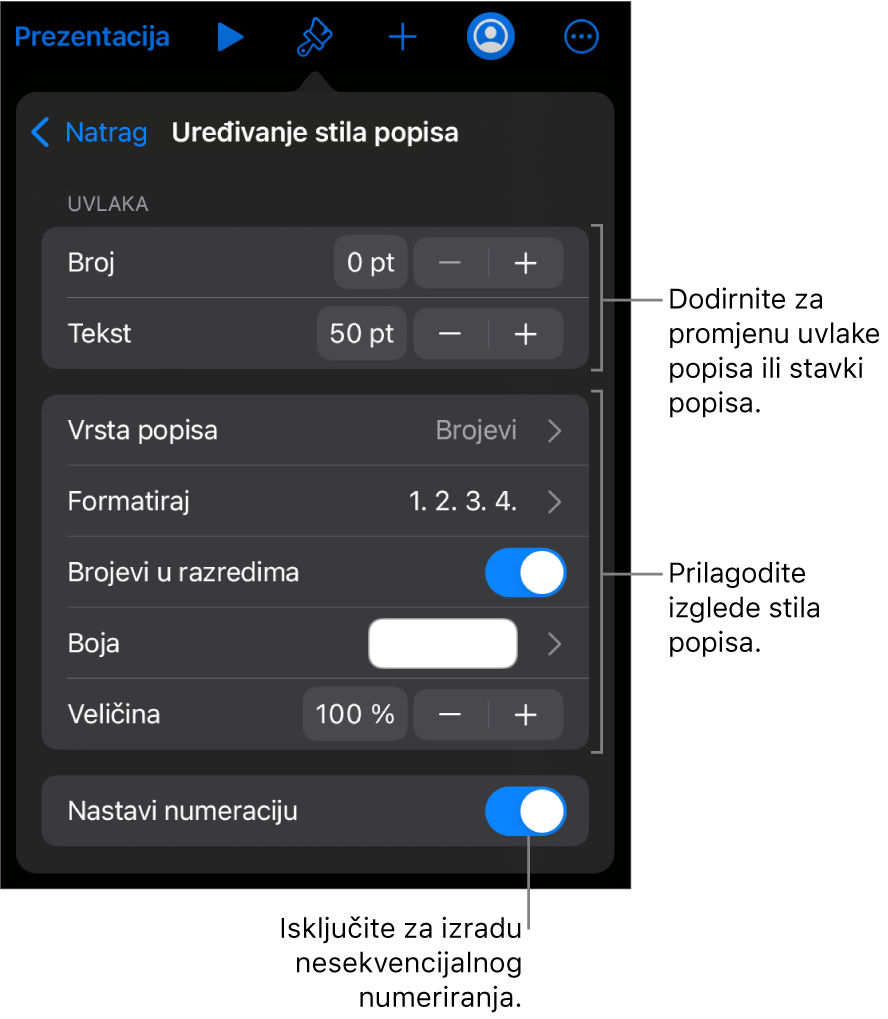 Uredite izbornik Stil popisa s kontrolama za uvučeni razmak, vrstu popisa i format, hijerarhiju brojeva, boju popisa i veličinu te nastavak numeriranja.