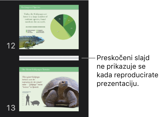 Navigator slajda prikazuje preskočeni slajd u obliku vodoravne linije.