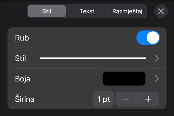 Kontrole prilagodbe stila Obruba.