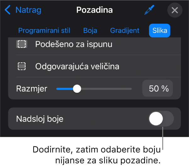 Kontrole Pozadine sa slikom postavljenom kao pozadinom slajda i kontrolom Preklapanje boja pri dnu.