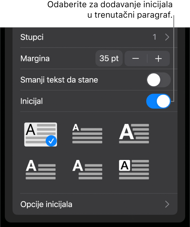 Kontrole opcija Inicijal koje se nalaze na dnu izbornika Tekst.