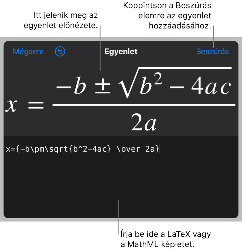 A LaTeX használatával írt másodfokú egyenlet megoldóképlete az Egyenlet mezőben és az egyenlet előnézete alul.