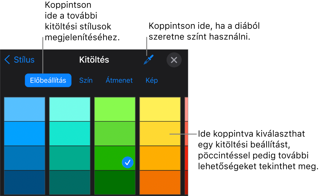 Kitöltési lehetőségek a Stílus lapon.