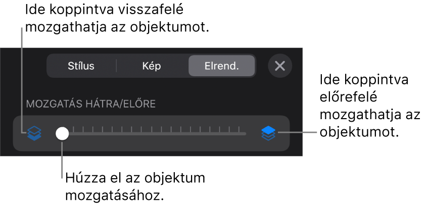 Visszafelé mozgatás gomb, Mozgatás előre gomb és a rétegezés csúszka.