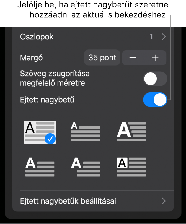 A Szöveg menü alján elhelyezkedő Iniciálé vezérlők.