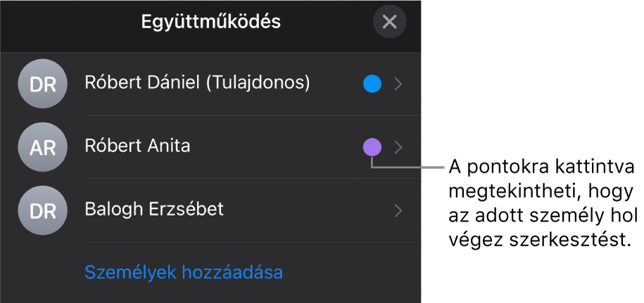A résztvevők listája három résztvevővel és az egyes nevektől jobbra található eltérő színű ponttal.