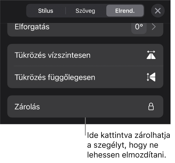 Az Elrendezés vezérlők a Formátum menüben, a kiemelt Zárolás gombbal.