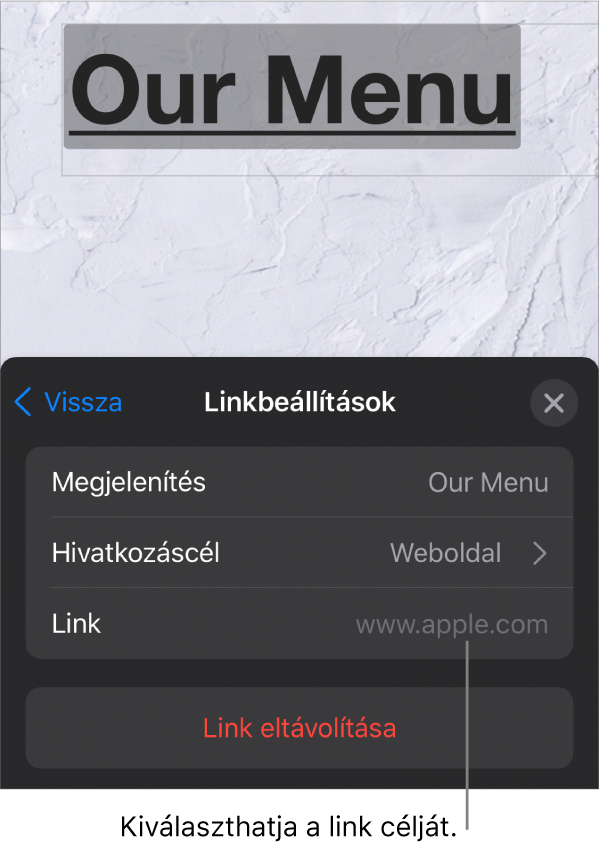 A Linkbeállítások vezérlők a Megjelenítés, a Hivatkozott hely (webhely beállítással) és a Link mezőkkel. A Link eltávolítása gomb alul található.