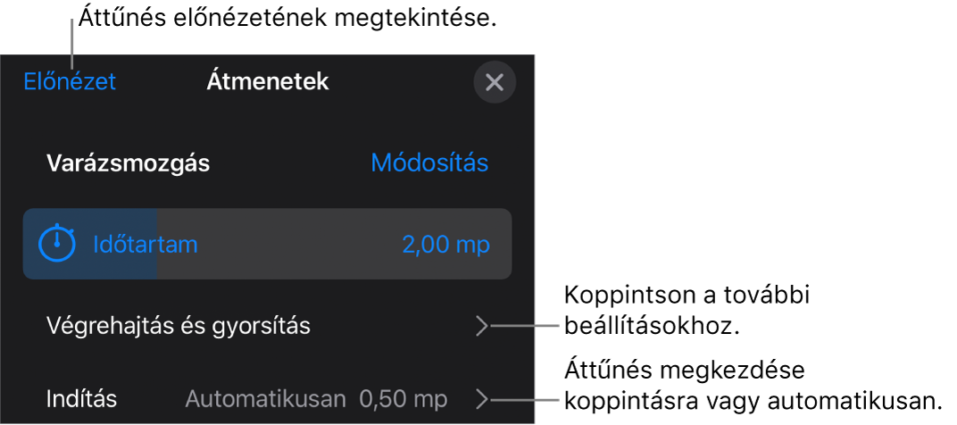 A Varázsmozgás vezérlői az Áttűnések panelen.
