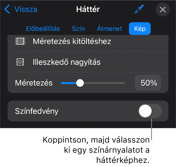 A Háttér vezérlők, egy, a dia háttereként beállított képpel, és az alul megjelenő Színfedvény vezérlővel.