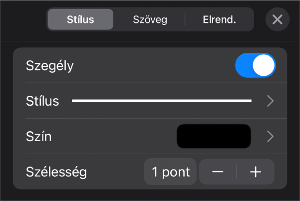 A Szegélystílus testreszabási vezérlői.