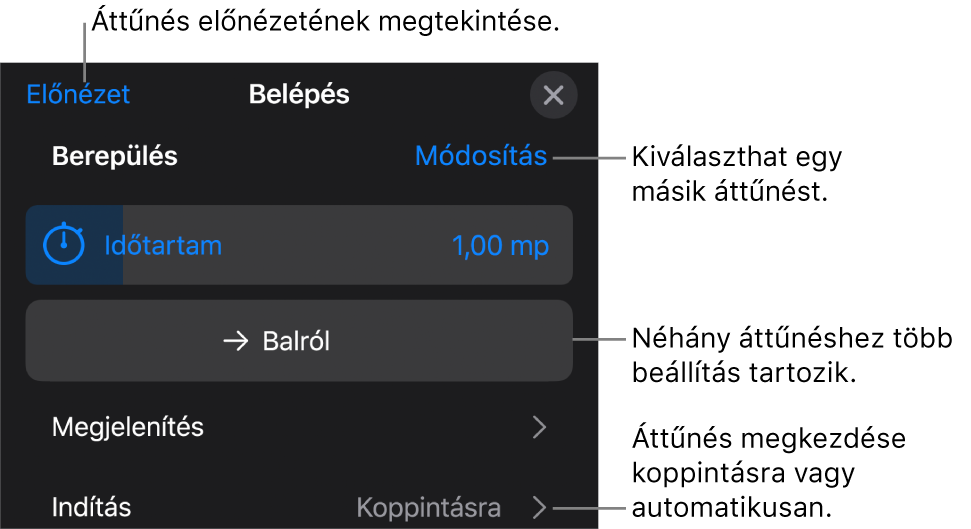 Az áttűnés módosítására szolgáló vezérlők az Opciók panelen.