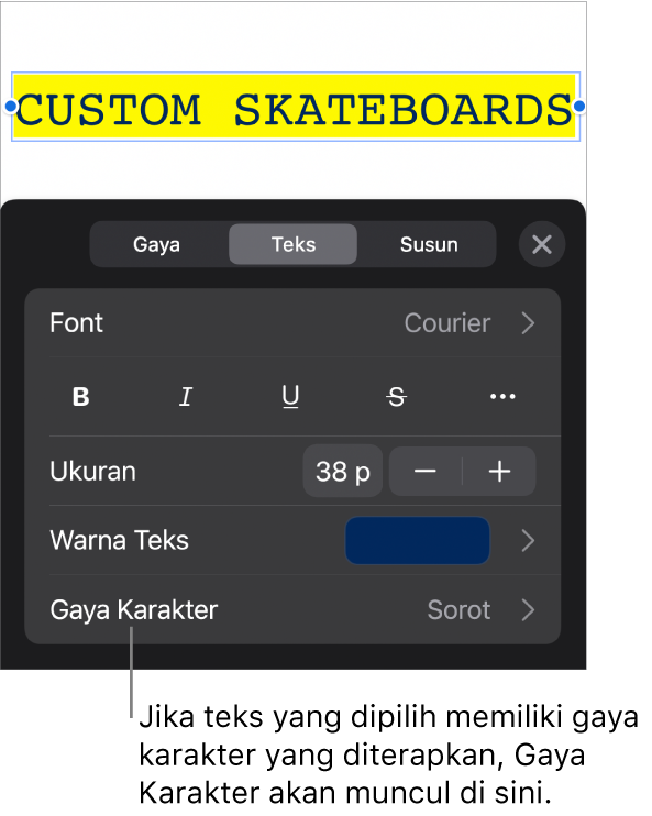 Kontrol pemformatan Teks dengan Gaya Karakter di bawah kontrol Warna. Gaya karakter Tidak Ada muncul dengan asterisk.