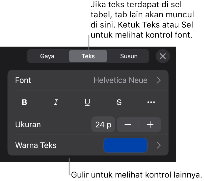Kontrol teks di menu Format untuk mengatur paragraf dan gaya karakter, font, ukuran, dan warna.