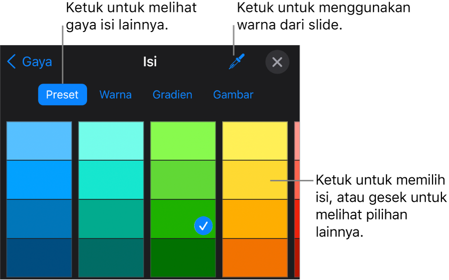 Pilihan isi di tab Gaya.