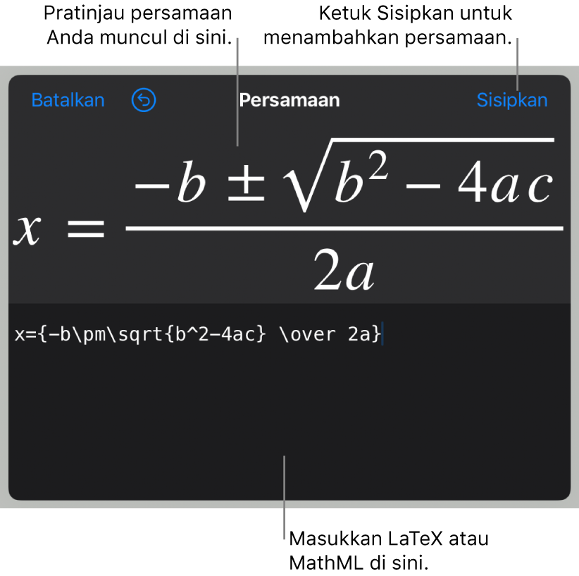 Formula kuadratik yang ditulis menggunakan LaTeX di bidang Persamaan, dan pratinjau formula di bawah ini.