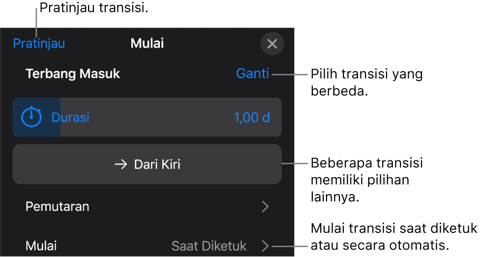 Kontrol di panel Pilihan untuk memodifikasi transisi.