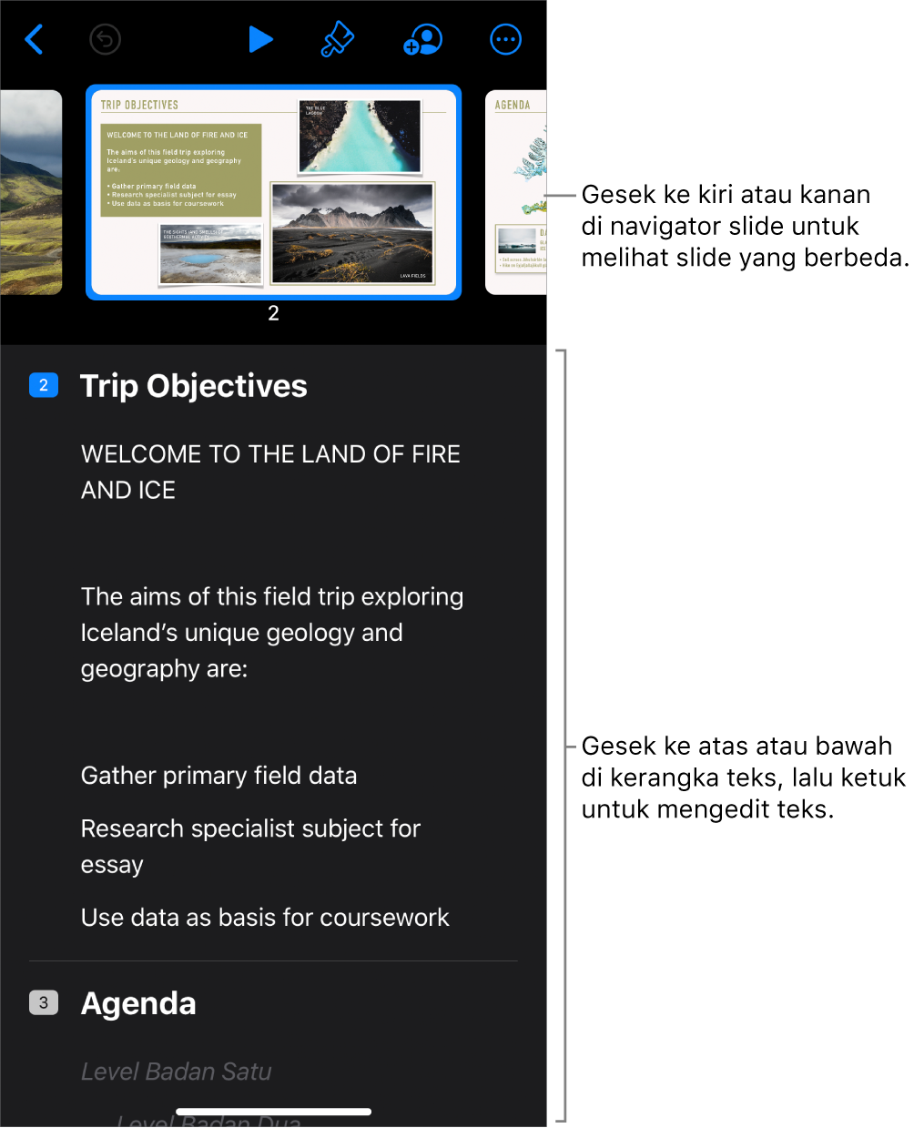 Tampilan kerangka dengan navigator slide horizontal di bagian atas layar, dan kerangka teks presentasi di bagian bawah.