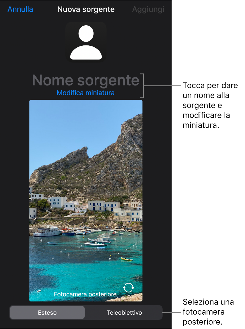 La finestra “Nuova sorgente”, con i controlli per modificare il nome e la miniatura della sorgente sopra un’anteprima in diretta dalla videocamera. Se iPhone dispone di più videocamere posteriori, i pulsanti per selezionarle verranno visualizzati nella parte inferiore dello schermo.