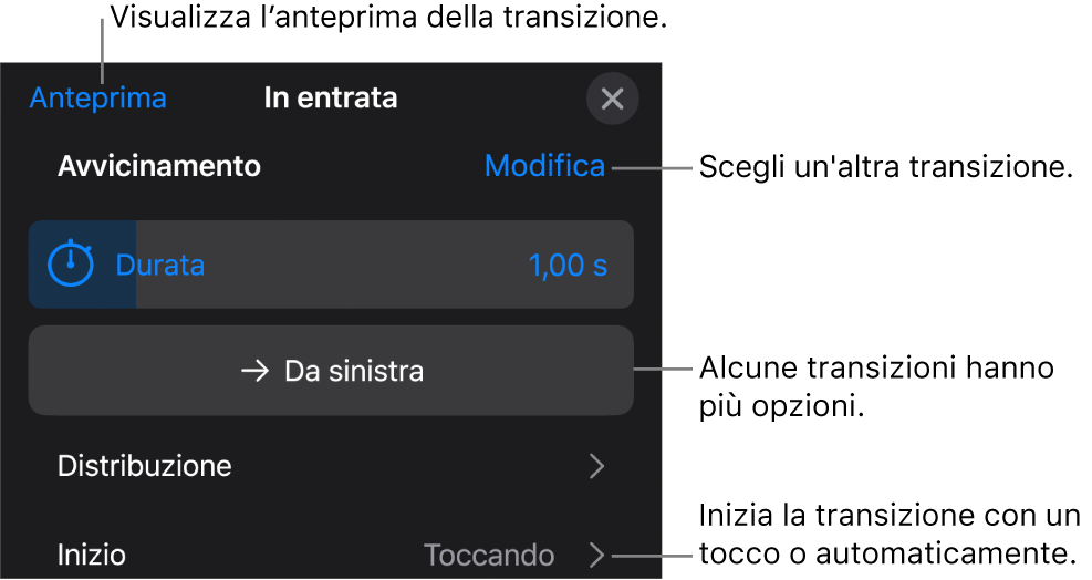 Controlli nel pannello Opzioni per modificare una transizione.