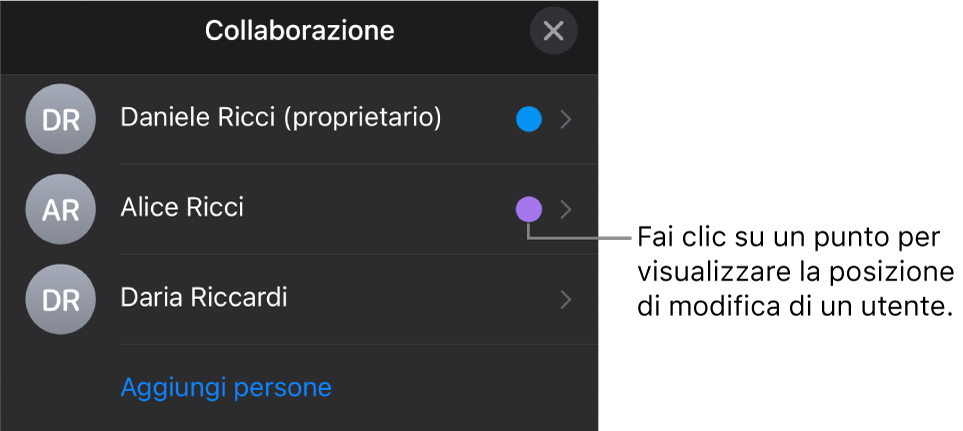 L'elenco dei partecipanti con tre partecipanti e un punto colorato diverso a destra di ciascun nome.