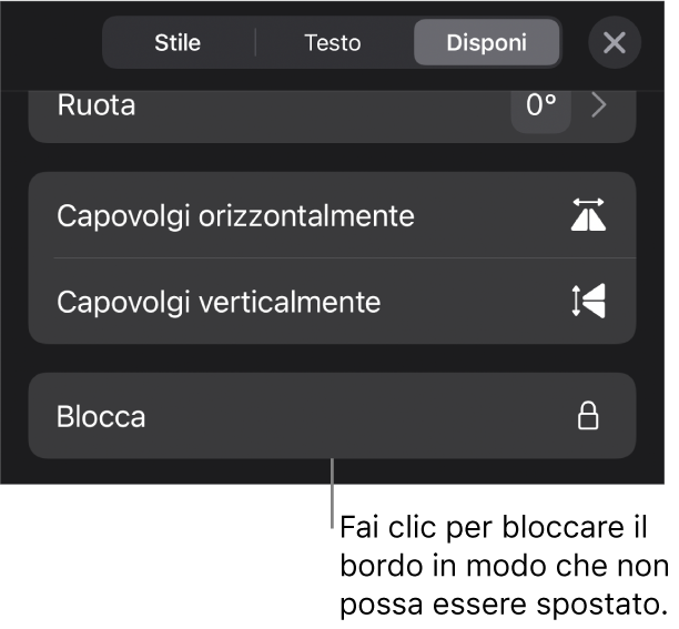 I controlli Disposizione nel menu Formato con il pulsante Blocca visibile.