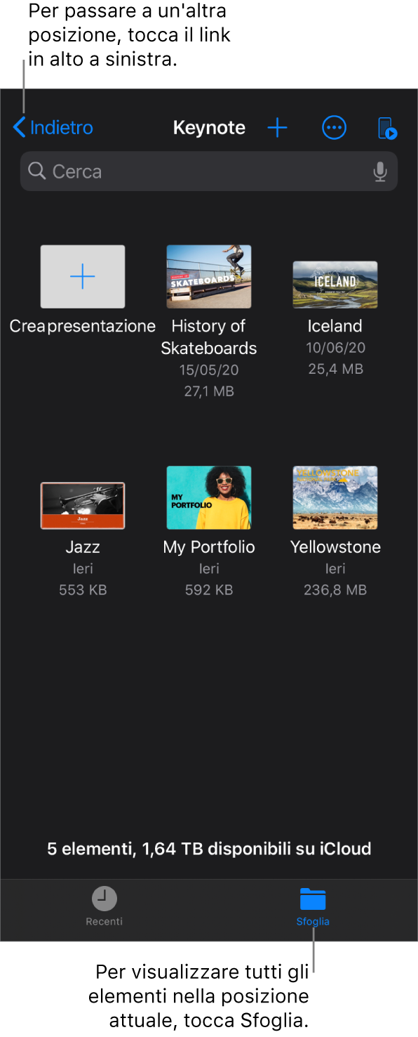 Vista sfoglia del gestore presentazioni con un link a una posizione nell’angolo superiore sinistro e al di sotto un campo Cerca. In una riga sotto a Cerca ci sono: il pulsante Altro; un menu a comparsa per cercare per nome, data, dimensioni, tipo o etichetta della cartella; e un pulsante per passare dalla vista icone alla vista elenco. Al di sotto si trovano un pulsante “Crea presentazione” vicino alle miniature delle presentazioni esistenti. Nella parte inferiore dello schermo ci sono i pulsanti Recenti e Sfoglia.