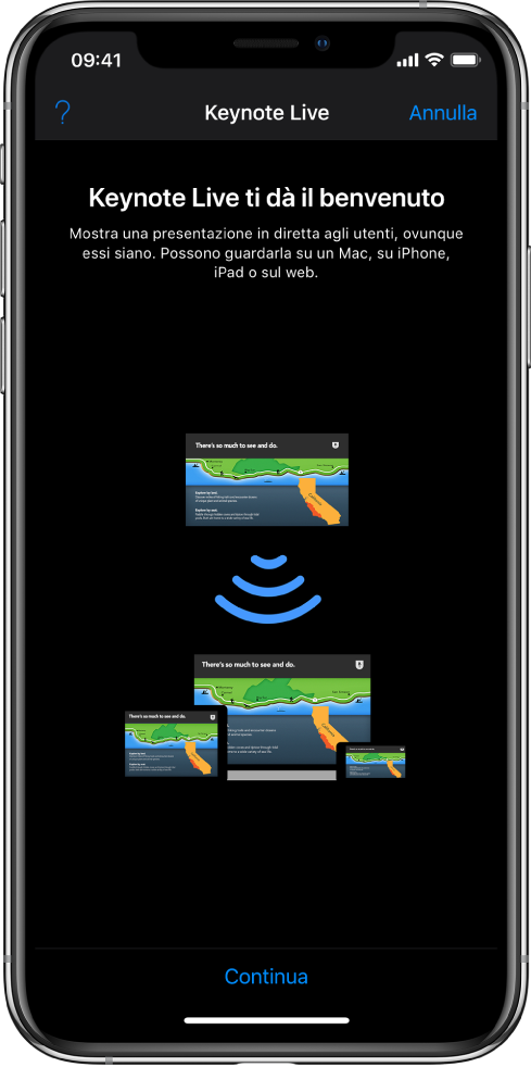 Una finestra di presentazione di Keynote Live con il pulsante Continua in fondo.