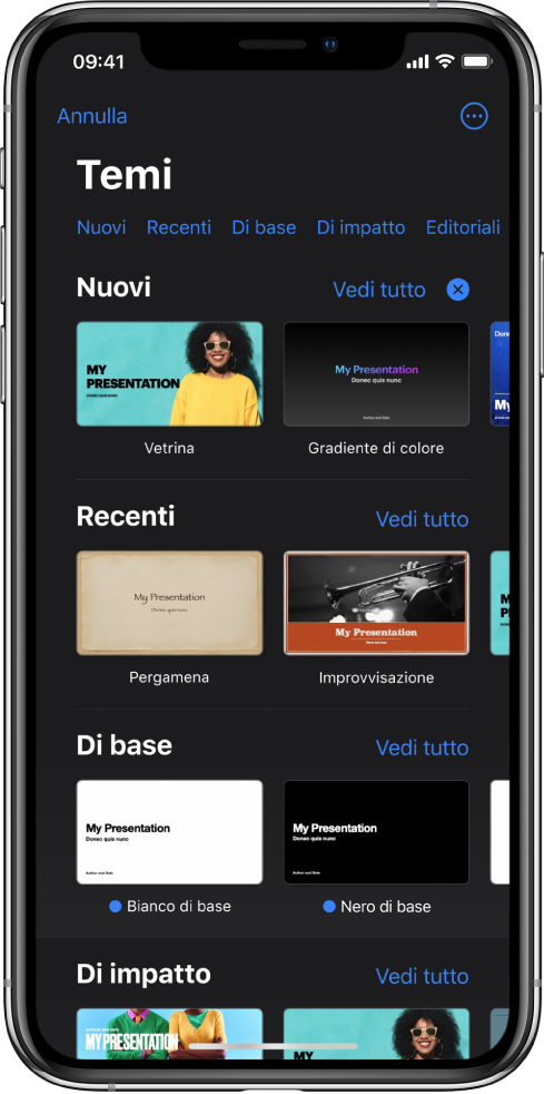 “Scelta temi”, in cui è visibile una riga di categorie nella parte superiore dello schermo che puoi toccare per filtrare le opzioni. Il pulsante Altro si trova nell'angolo superiore destro, dove puoi impostare il formato Standard o Esteso e impostare la formattazione per una lingua o regione specifica. Sotto si trovano le miniature di temi predefiniti organizzati in righe per categoria. Viene visualizzato un pulsante “Vedi tutto” in alto e a destra di ciascuna riga della categoria.