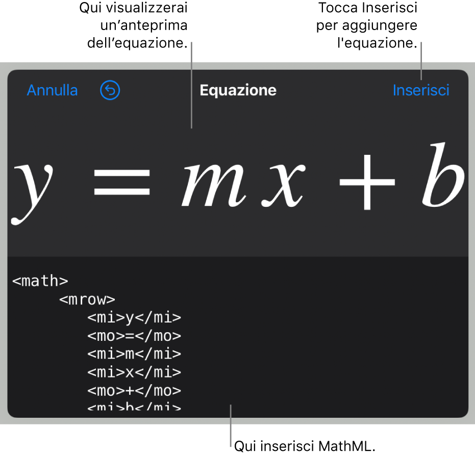 Codice MathML per l'equazione del coefficiente angolare di una retta e un'anteprima della formula sopra.