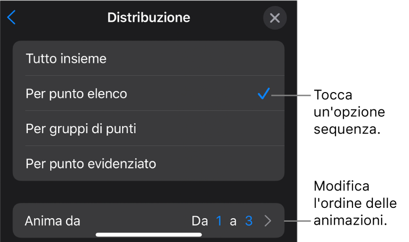 Opzioni di sequenza nel pannello “In entrata”.