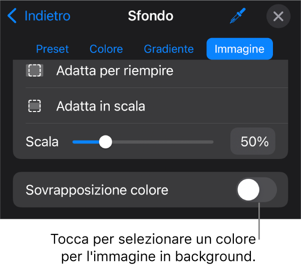 I controlli Sfondo, con un’immagine impostata come sfondo della diapositiva e il controllo “Sovrapposizione colore” nella parte inferiore.