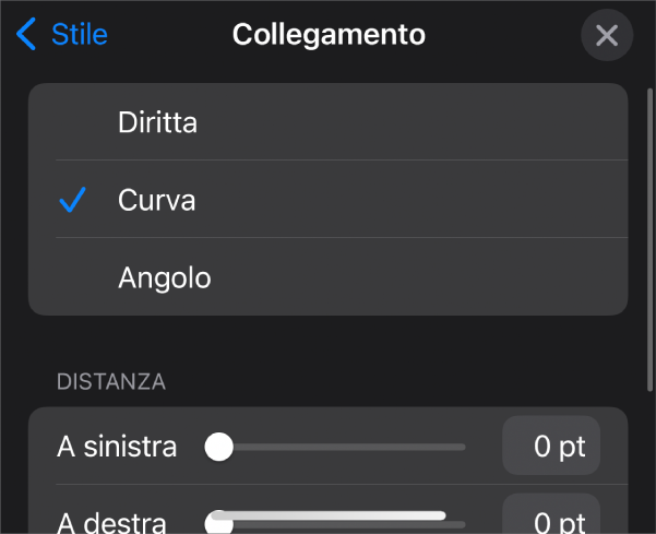 I controlli Connessione con Curva selezionato.