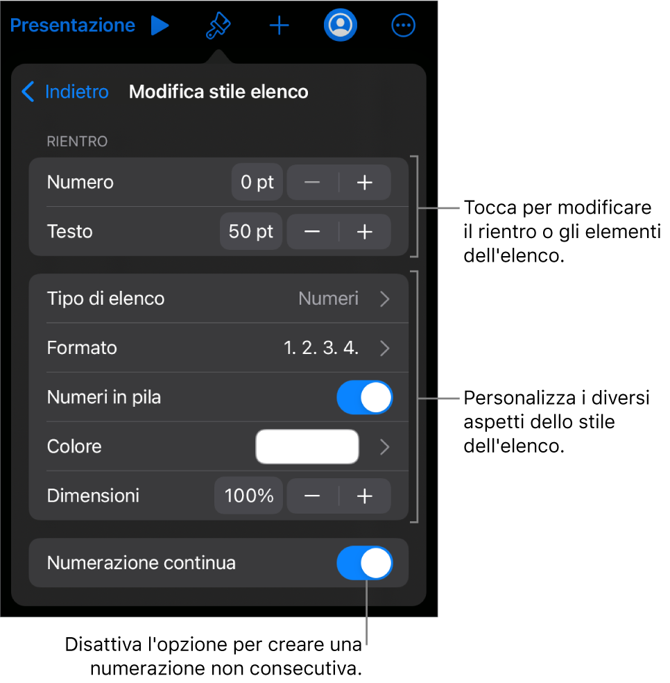 Il menu “Modifica stili elenco” con controlli per la spaziatura del rientro, tipo di elenco e formato, numeri in pila, colore e dimensione elenco e numerazione continua.