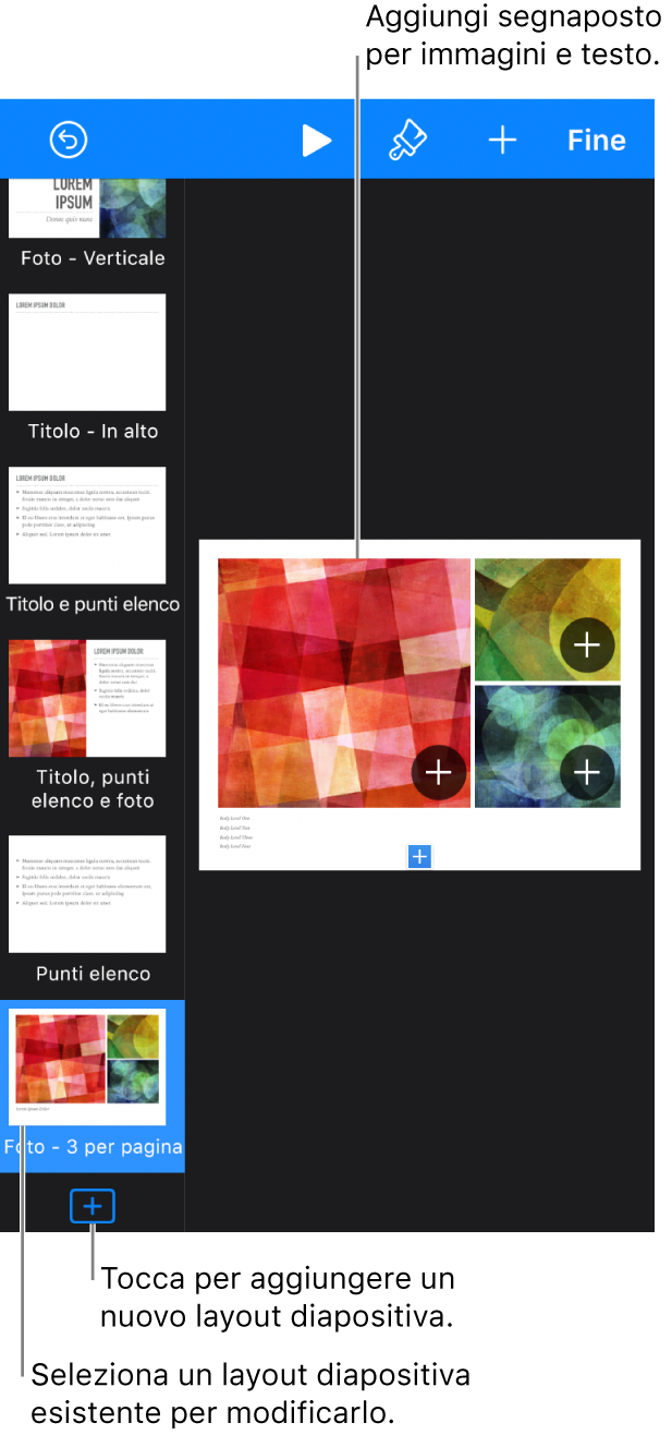 Una layout diapositiva nell'area di lavoro, con il pulsante “Aggiungi layout diapositiva” in fondo al navigatore diapositive.