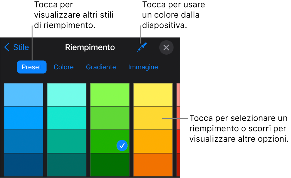 Opzioni di riempimento nel pannello Stile.