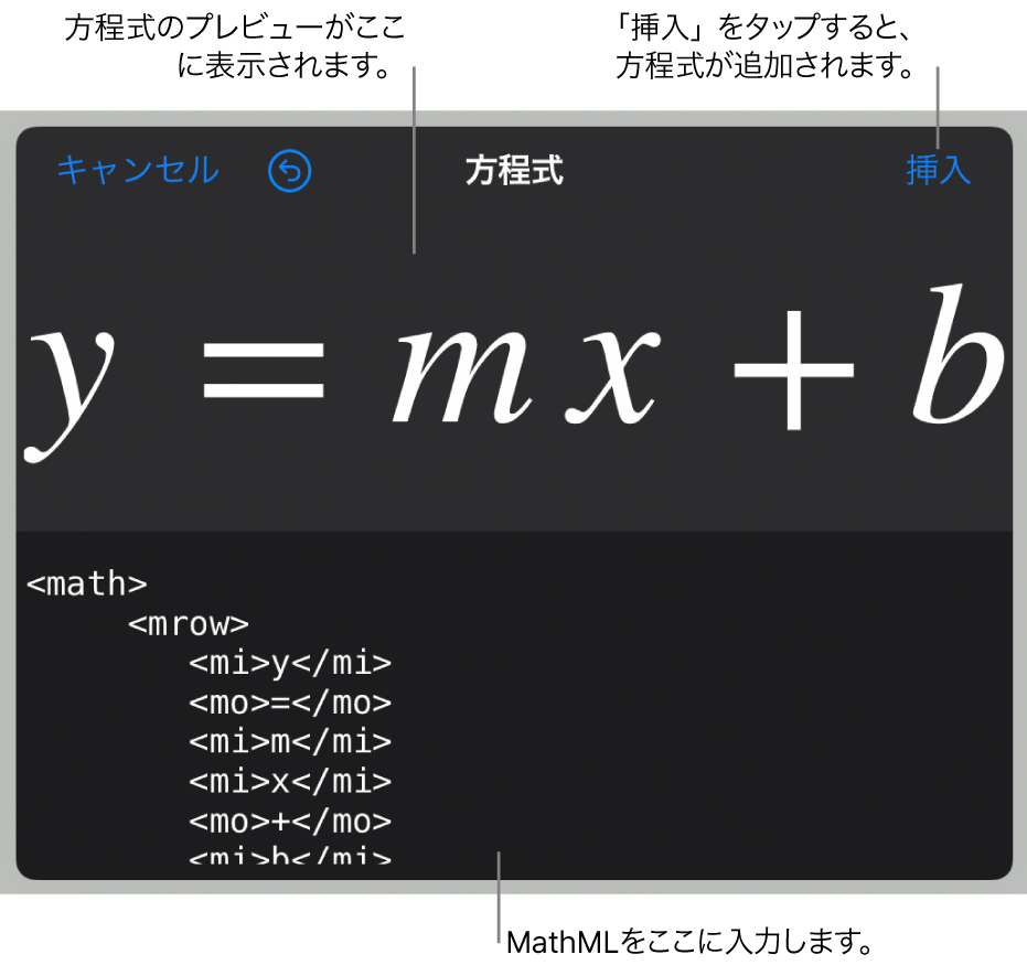 直線の傾きを表す方程式のMathMLコードと、その上に表示された数式のプレビュー。