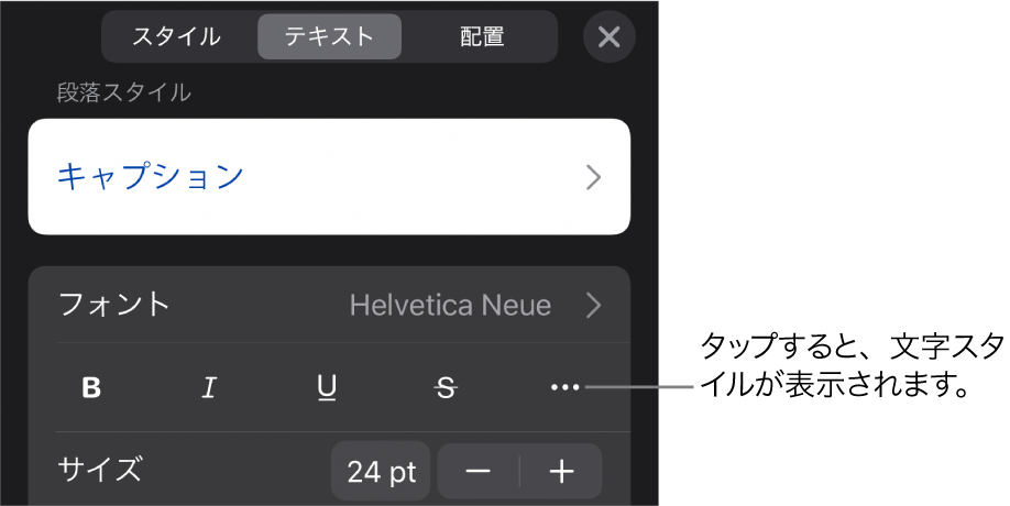 上部に段落スタイルがある「フォーマット」コントロールと、そのあとに「フォント」コントロール。「フォント」の下には、「ボールド」、「イタリック」、「アンダーライン」、「取り消し線」、および「その他のテキストオプション」のボタンがあります。