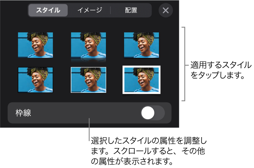 「フォーマット」メニューの「スタイル」タブ。上部にオブジェクトスタイル、その下に枠線を変更するコントロールが表示された状態。