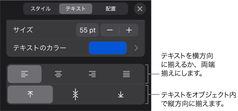 「フォーマット」ボタンの「配置」セクション。テキスト配置ボタンのコールアウトが表示された状態。