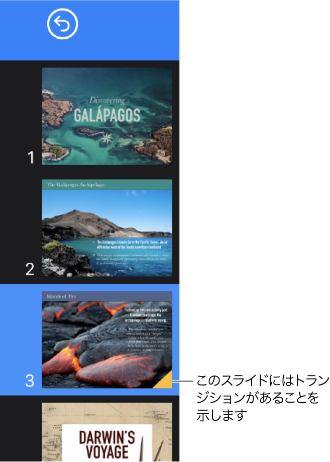 スライド上の黄色の三角形は、スライドにトランジションがあることを示します。