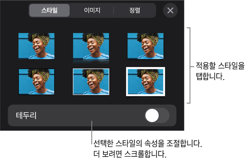 상단의 대상체 스타일과 포맷 메뉴의 스타일 탭 및 아래의 테두리를 변경하는 제어기.
