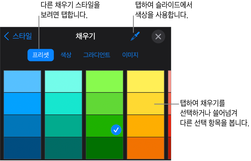 스타일 탭의 채우기 옵션.