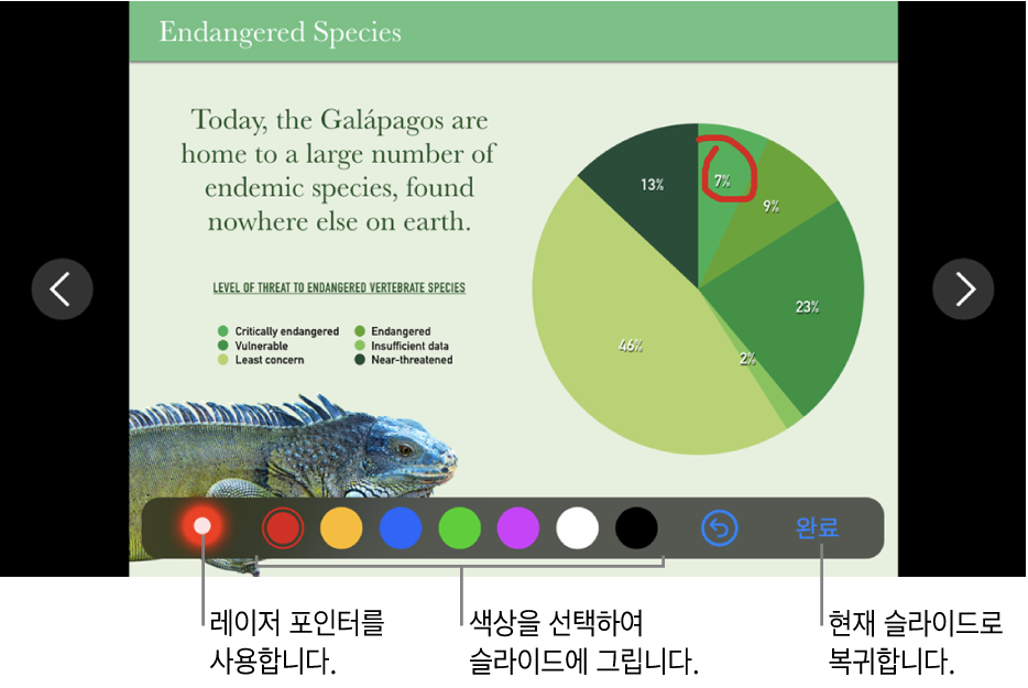 레이저 포인터 및 색상 선택 제어기를 보여주는 슬라이드 일러스트레이션 모드의 슬라이드.